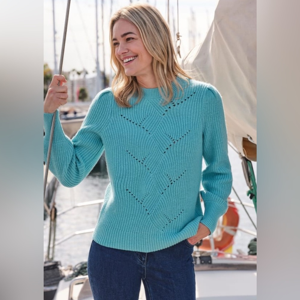 Woolovers Women Crew Neck Pointelle Sweater Turquoise Wool Blend Size Small NEW